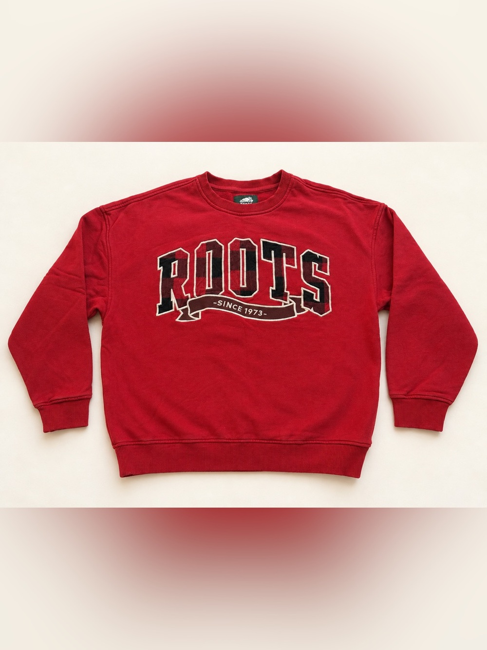 Roots Red Buffalo Plaid Logo Crewneck Sweatshirt XXS